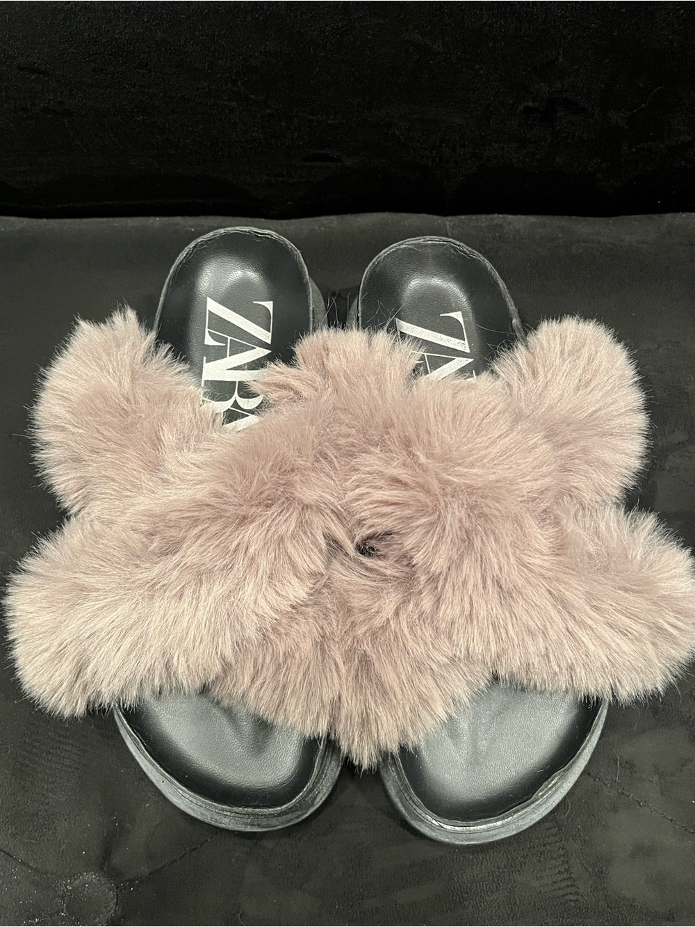 Zara Faux Fur Slide Sandals in grey and black